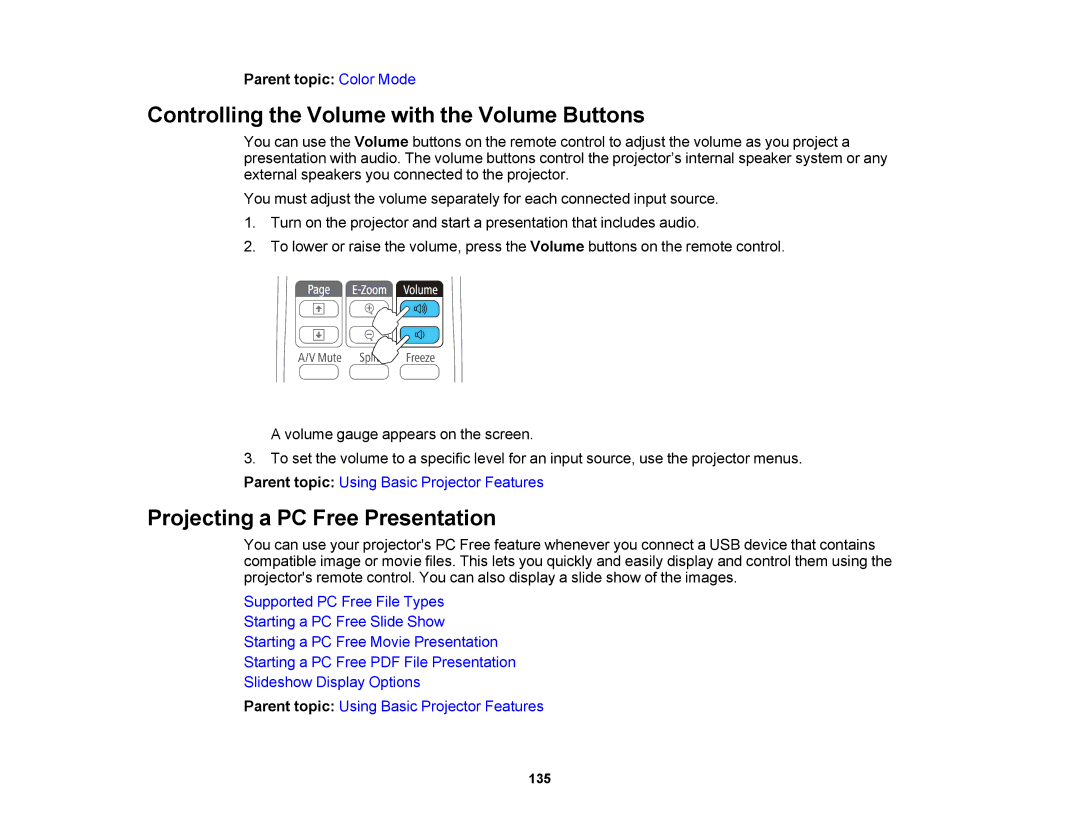 Epson 1420Wi, 1430Wi manual Controlling the Volume with the Volume Buttons, Projecting a PC Free Presentation 