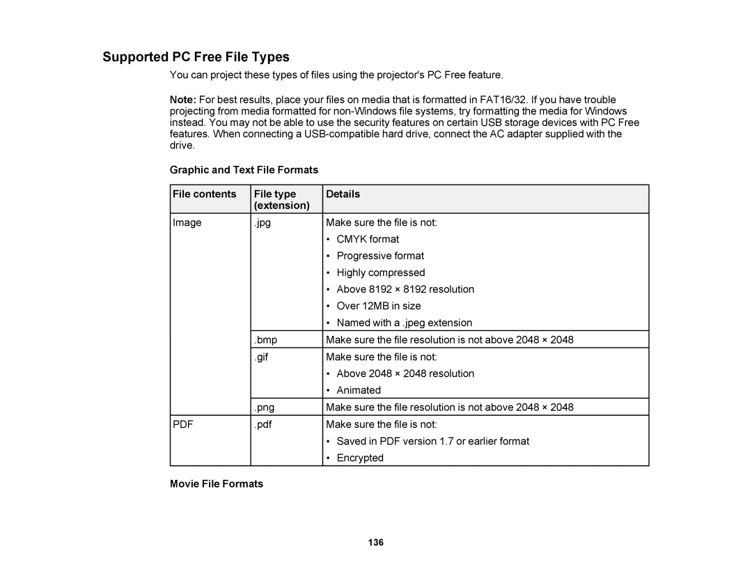 Epson 1430Wi, 1420Wi manual Supported PC Free File Types, Movie File Formats 