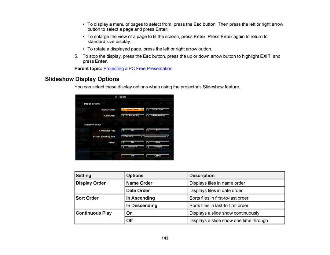 Epson 1430Wi, 1420Wi manual Slideshow Display Options 