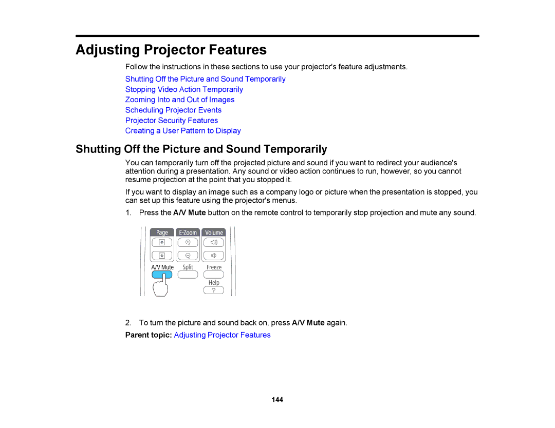 Epson 1430Wi, 1420Wi manual Adjusting Projector Features, Shutting Off the Picture and Sound Temporarily 