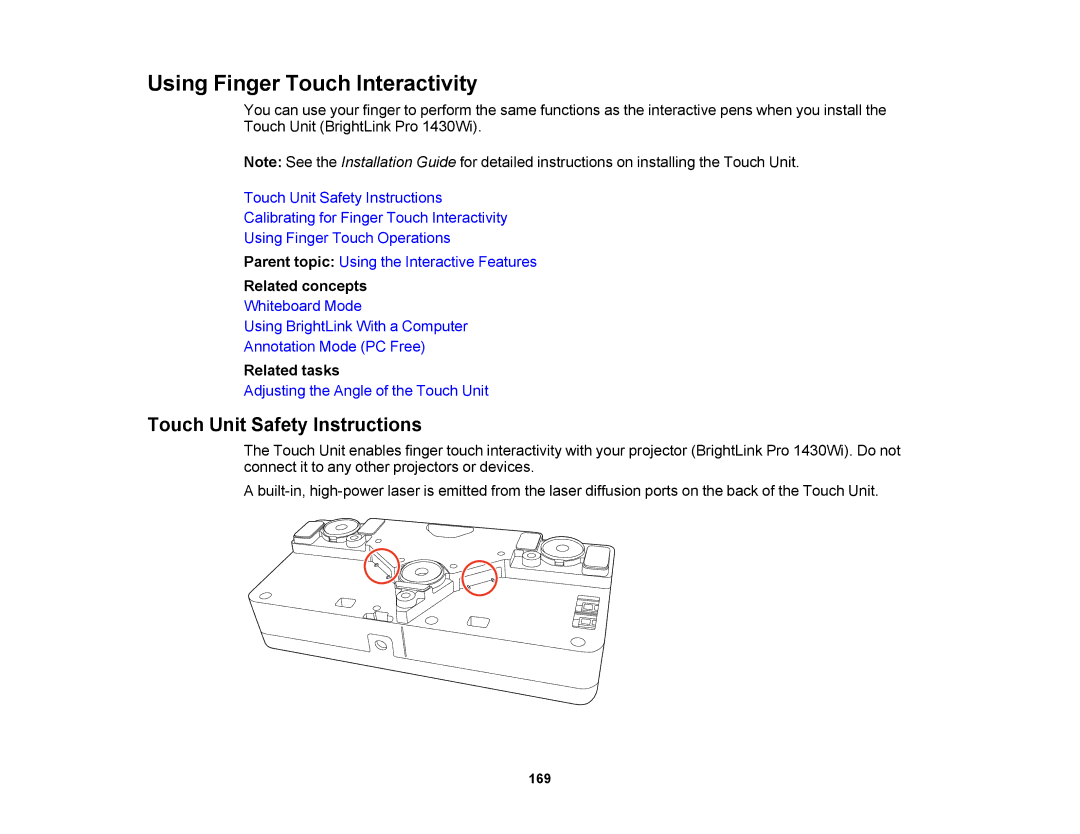 Epson 1420Wi, 1430Wi manual Using Finger Touch Interactivity, Touch Unit Safety Instructions 