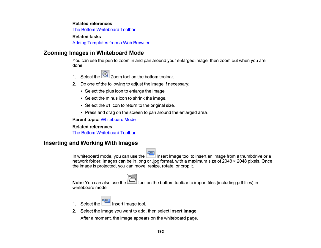 Epson 1430Wi, 1420Wi manual Zooming Images in Whiteboard Mode, Inserting and Working With Images 