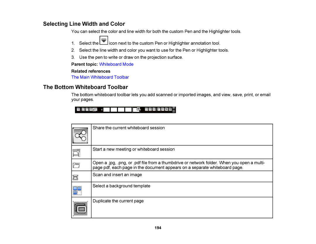 Epson 1430Wi, 1420Wi manual Selecting Line Width and Color, Bottom Whiteboard Toolbar 