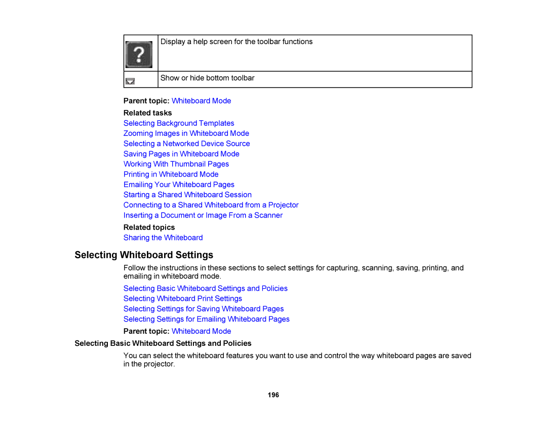 Epson 1430Wi, 1420Wi manual Selecting Whiteboard Settings, Selecting Basic Whiteboard Settings and Policies 