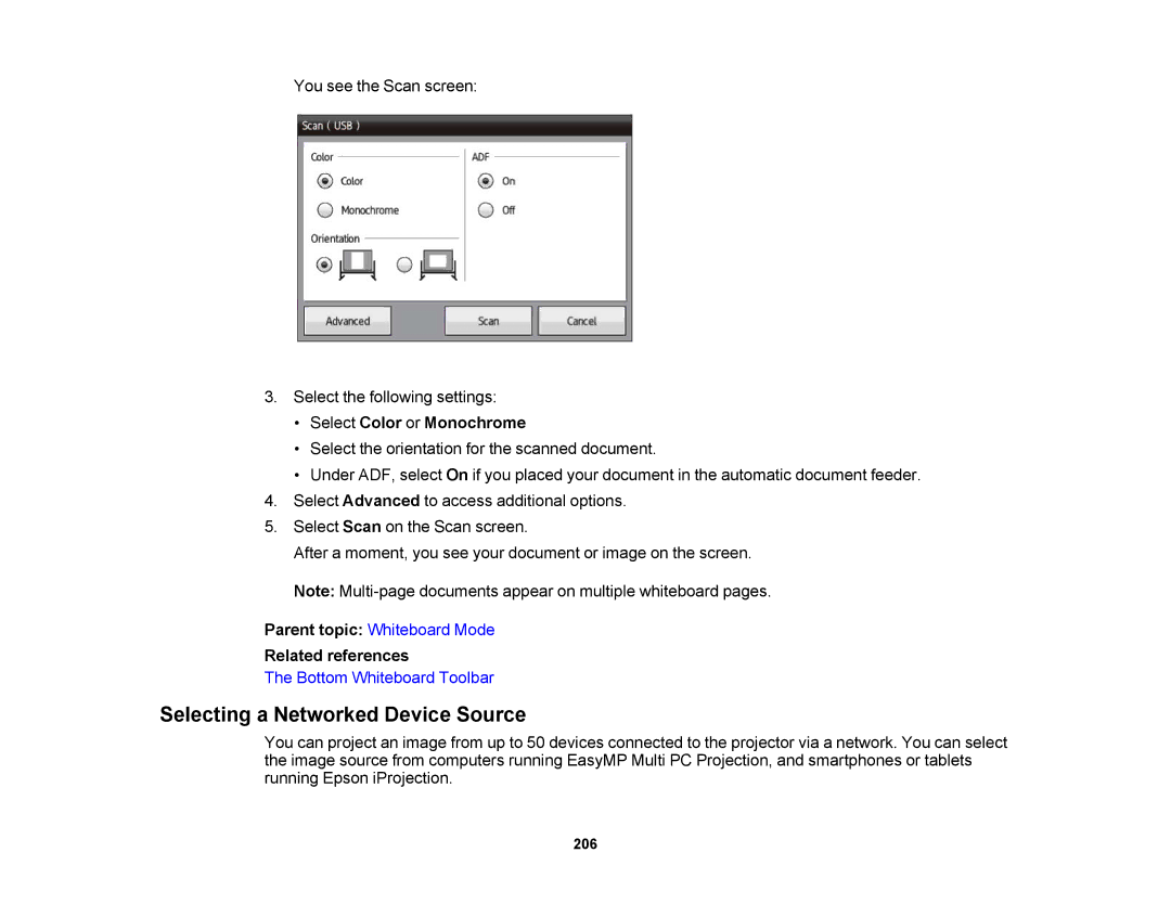 Epson 1430Wi, 1420Wi manual Selecting a Networked Device Source, Select Color or Monochrome 