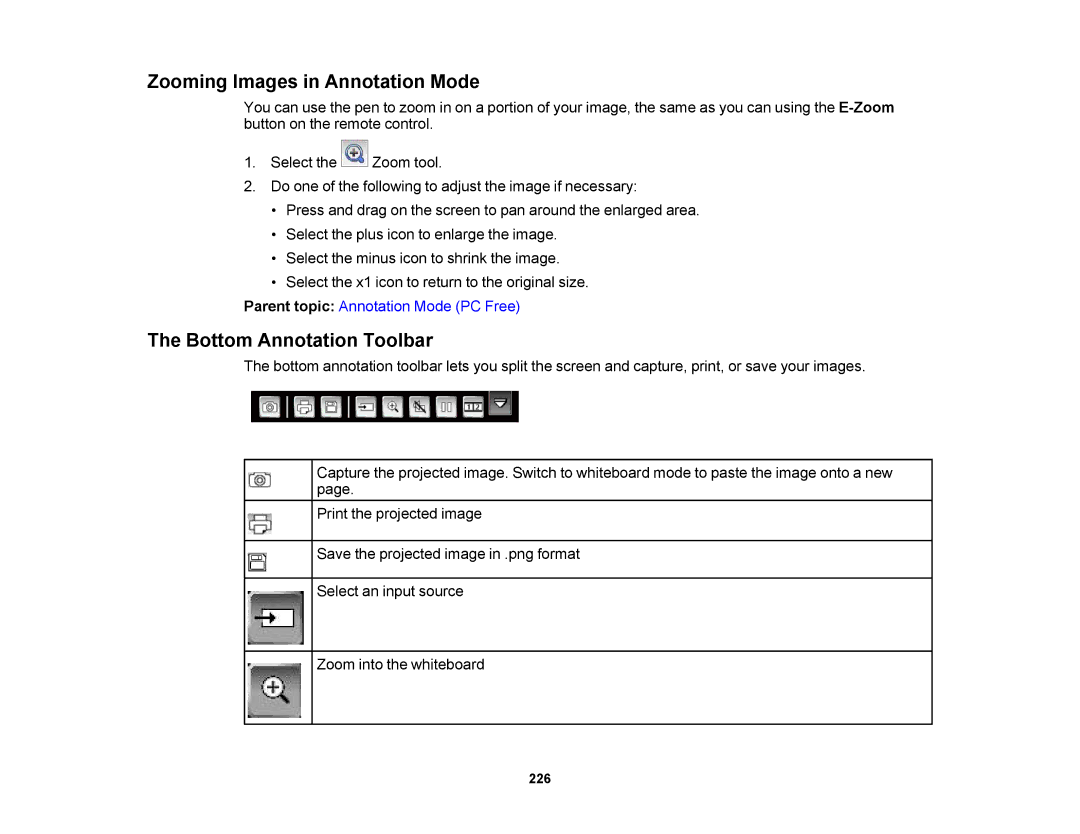 Epson 1430Wi, 1420Wi manual Zooming Images in Annotation Mode, Bottom Annotation Toolbar 