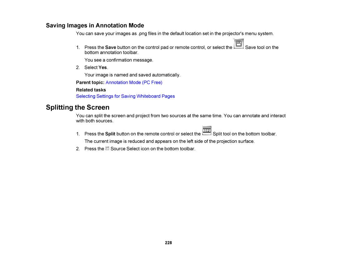 Epson 1430Wi, 1420Wi manual Splitting the Screen, Saving Images in Annotation Mode 