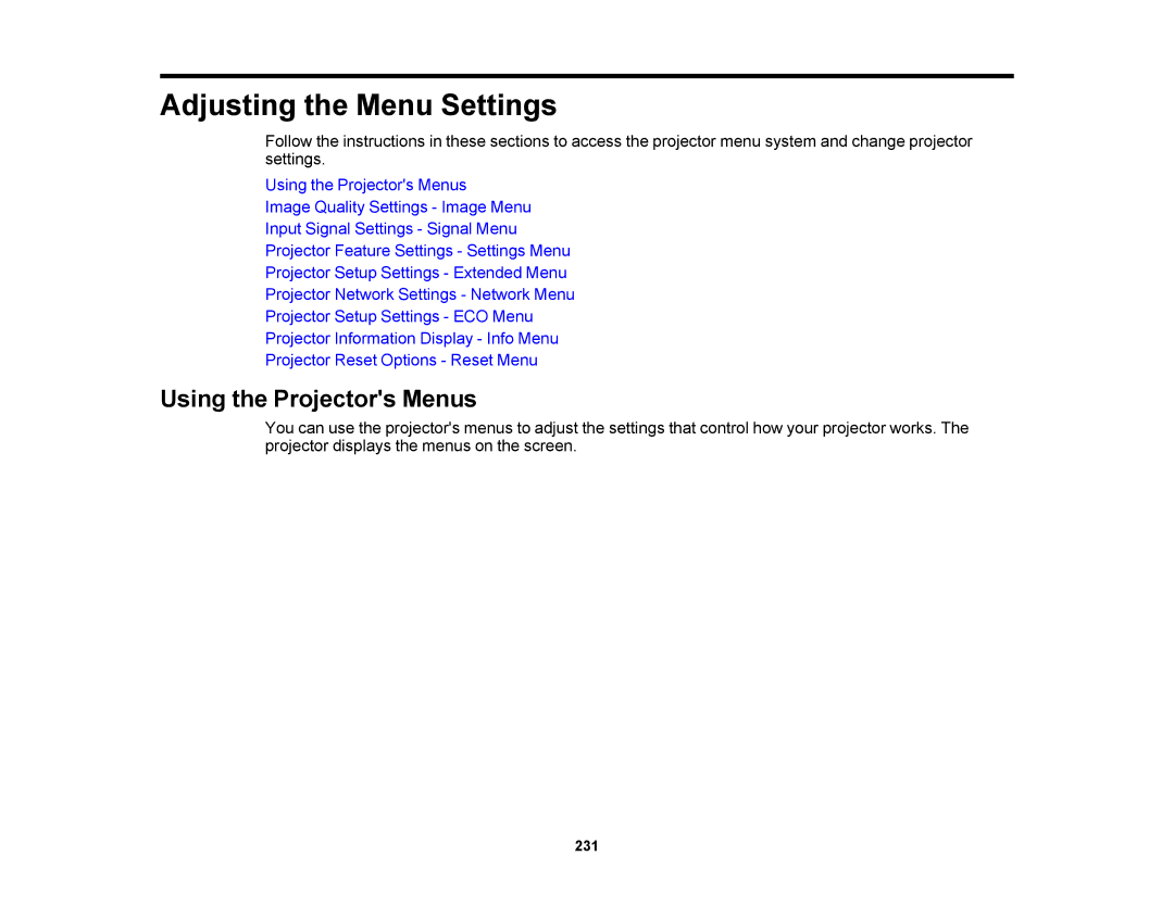 Epson 1420Wi, 1430Wi manual Adjusting the Menu Settings, Using the Projectors Menus 