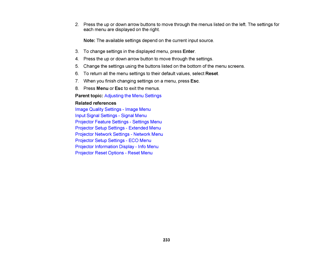 Epson 1420Wi, 1430Wi manual Parent topic Adjusting the Menu Settings 