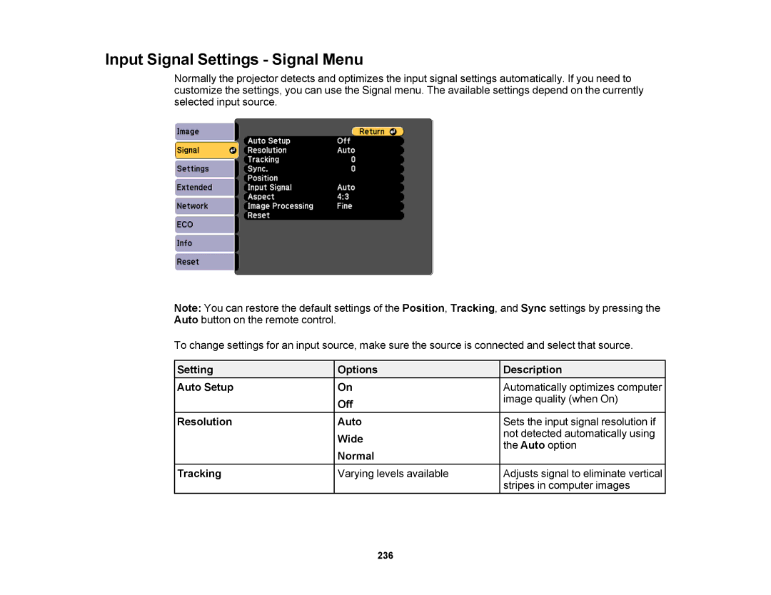 Epson 1430Wi, 1420Wi manual Input Signal Settings Signal Menu 