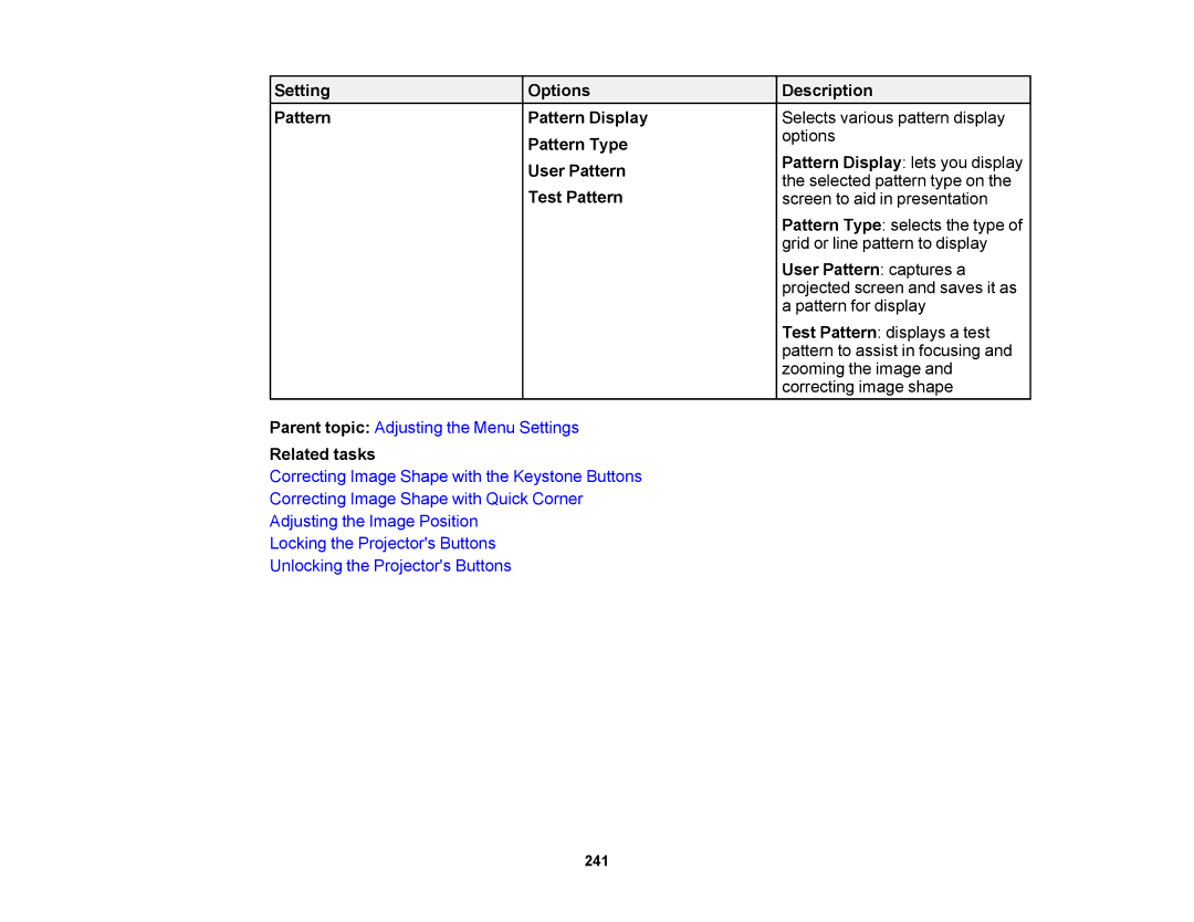 Epson 1420Wi, 1430Wi manual Setting Options Description Pattern Pattern Display, Pattern Type, User Pattern captures a 