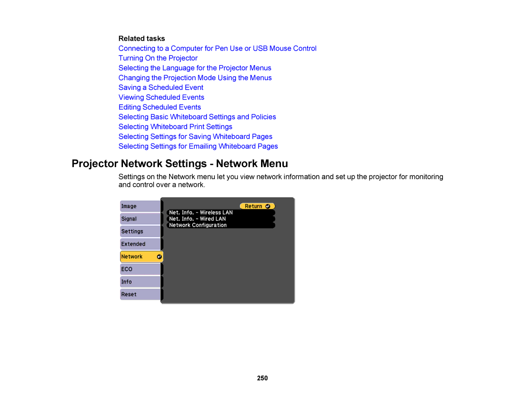 Epson 1430Wi, 1420Wi manual Projector Network Settings Network Menu, Related tasks 