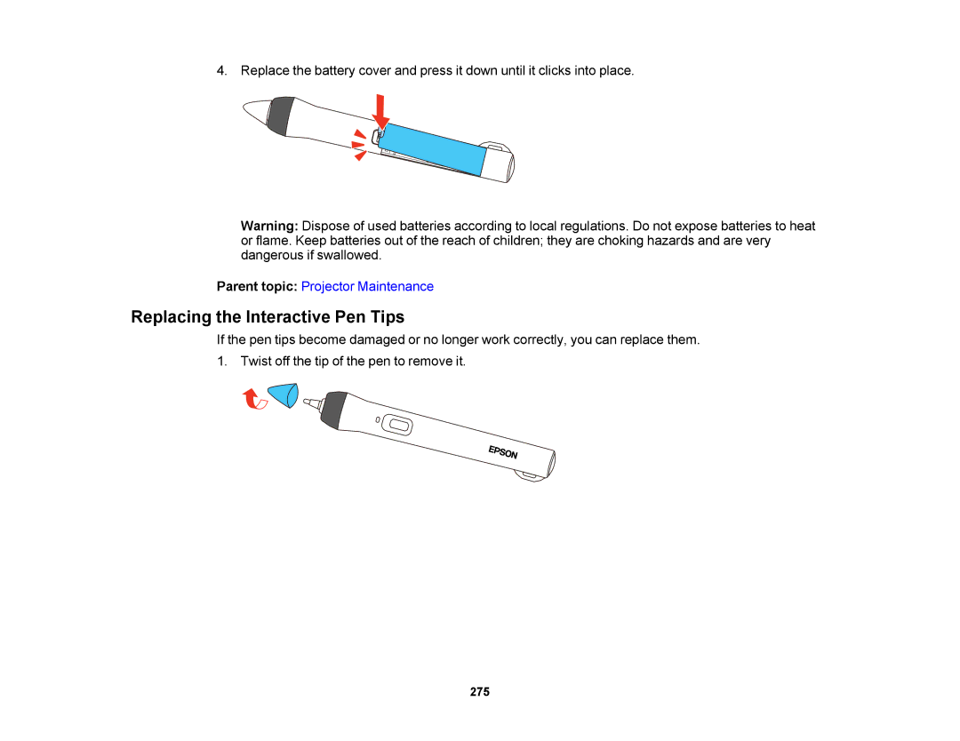 Epson 1420Wi, 1430Wi manual Replacing the Interactive Pen Tips 