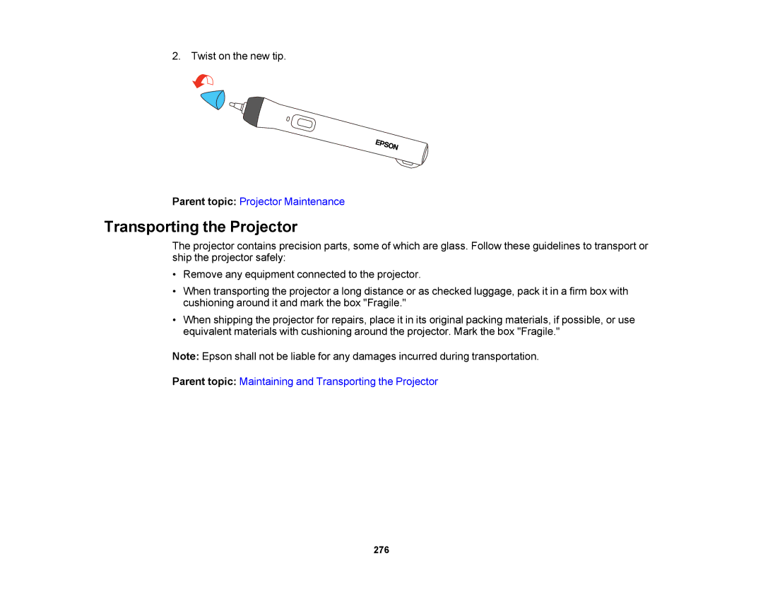 Epson 1430Wi, 1420Wi manual Transporting the Projector 