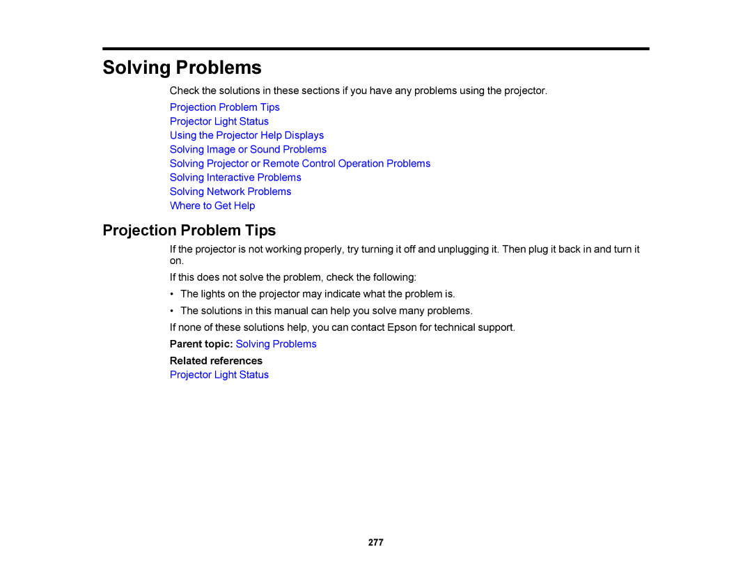 Epson 1420Wi, 1430Wi manual Solving Problems, Projection Problem Tips 