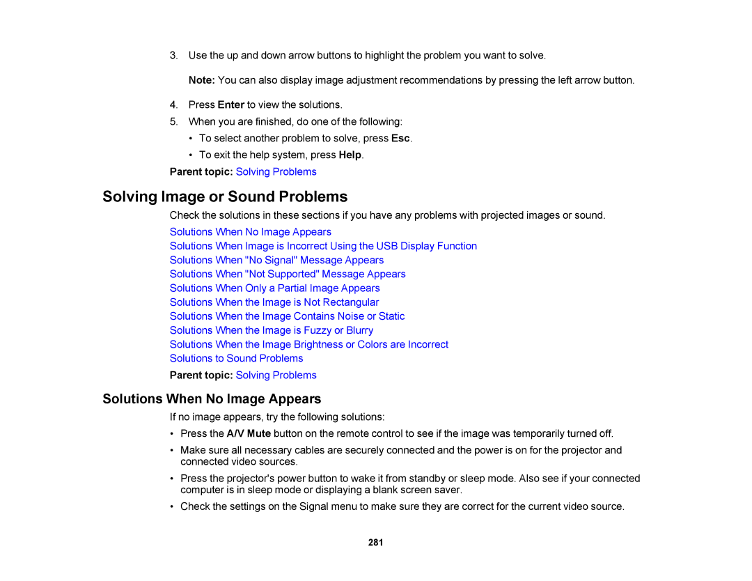 Epson 1420Wi, 1430Wi manual Solving Image or Sound Problems, Solutions When No Image Appears 