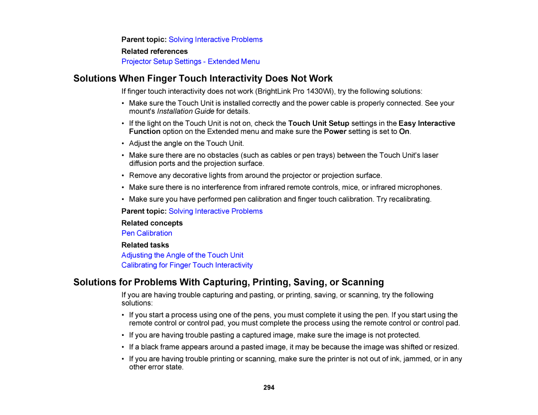 Epson 1430Wi, 1420Wi manual Solutions When Finger Touch Interactivity Does Not Work 