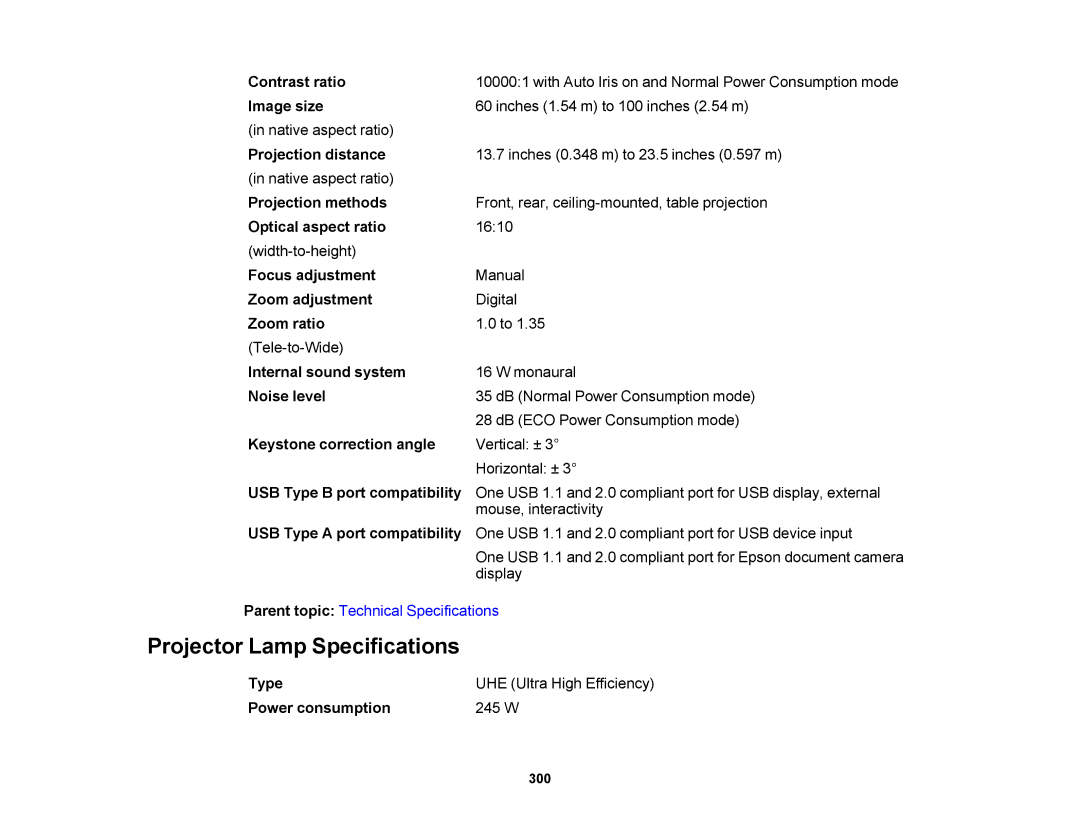 Epson 1430Wi, 1420Wi manual Projector Lamp Specifications 