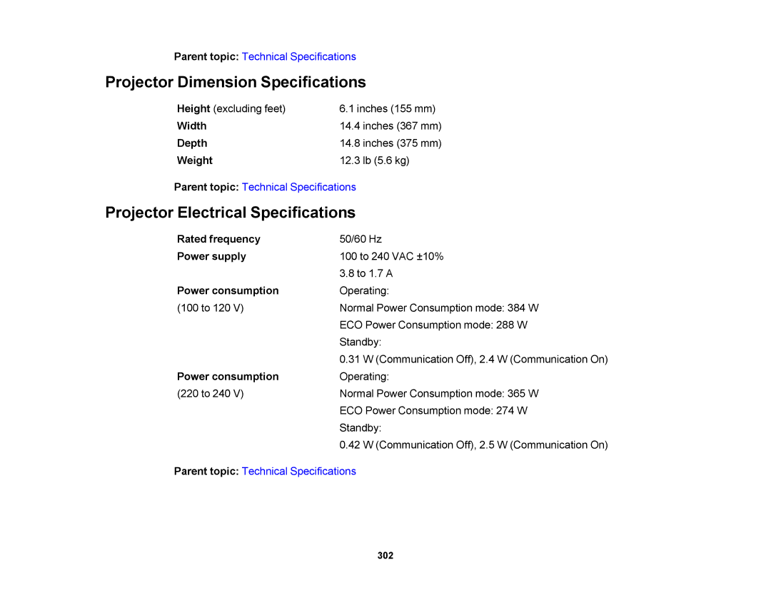 Epson 1430Wi, 1420Wi manual Projector Dimension Specifications, Projector Electrical Specifications 