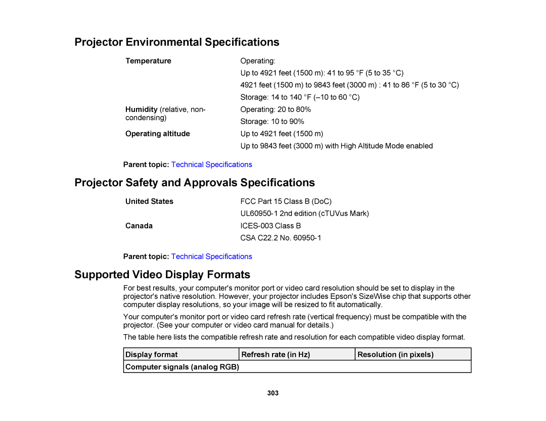 Epson 1420Wi, 1430Wi manual Projector Environmental Specifications, Projector Safety and Approvals Specifications 