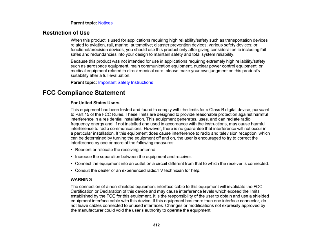 Epson 1430Wi, 1420Wi manual FCC Compliance Statement, Restriction of Use, For United States Users 