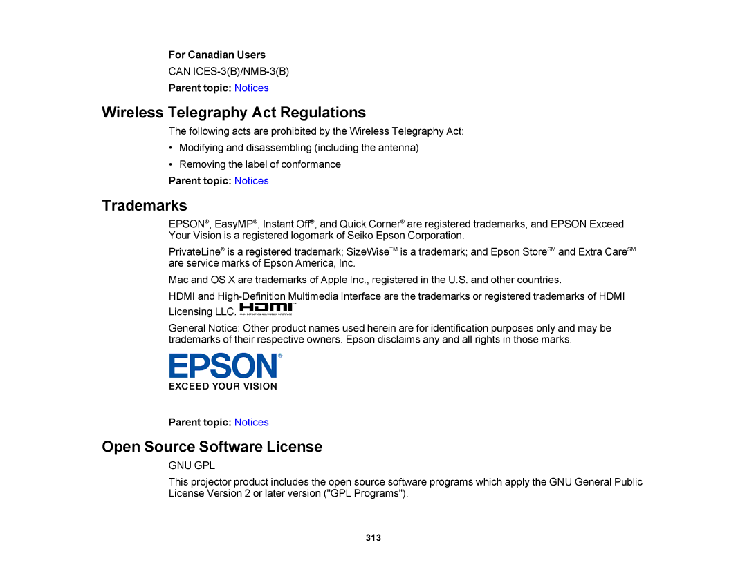 Epson 1420Wi, 1430Wi Wireless Telegraphy Act Regulations, Trademarks, Open Source Software License, For Canadian Users 