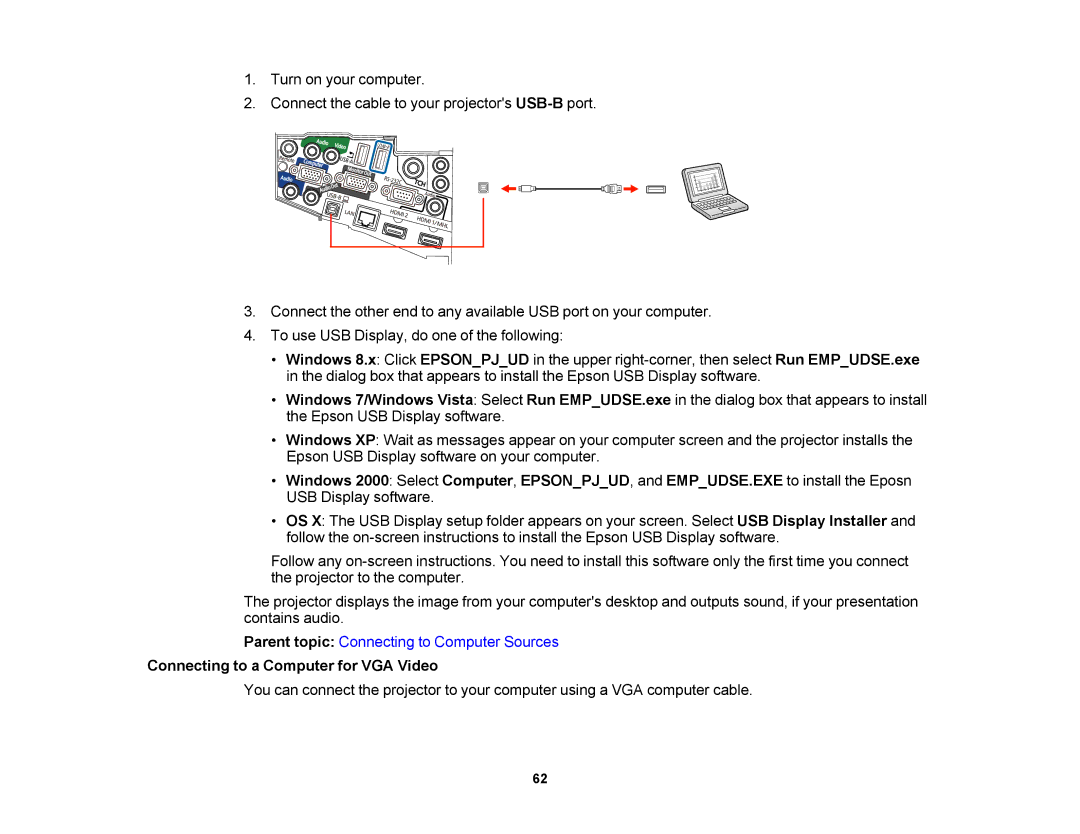 Epson 1430Wi, 1420Wi manual Connecting to a Computer for VGA Video 