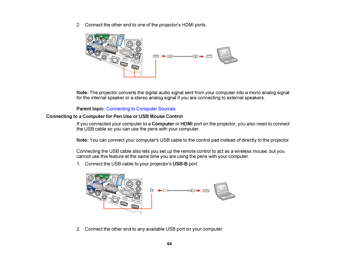 Epson 1430Wi, 1420Wi manual Connecting to a Computer for Pen Use or USB Mouse Control 