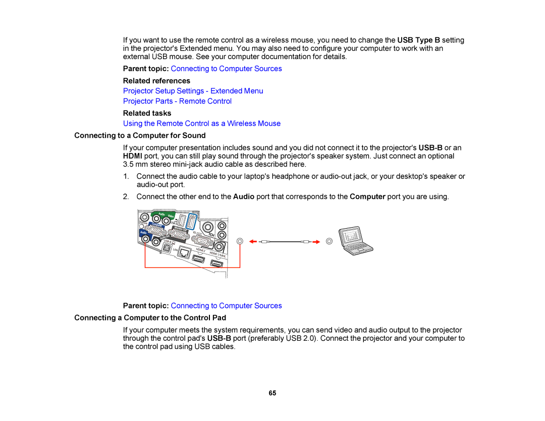 Epson 1420Wi, 1430Wi manual Connecting to a Computer for Sound, Connecting a Computer to the Control Pad 