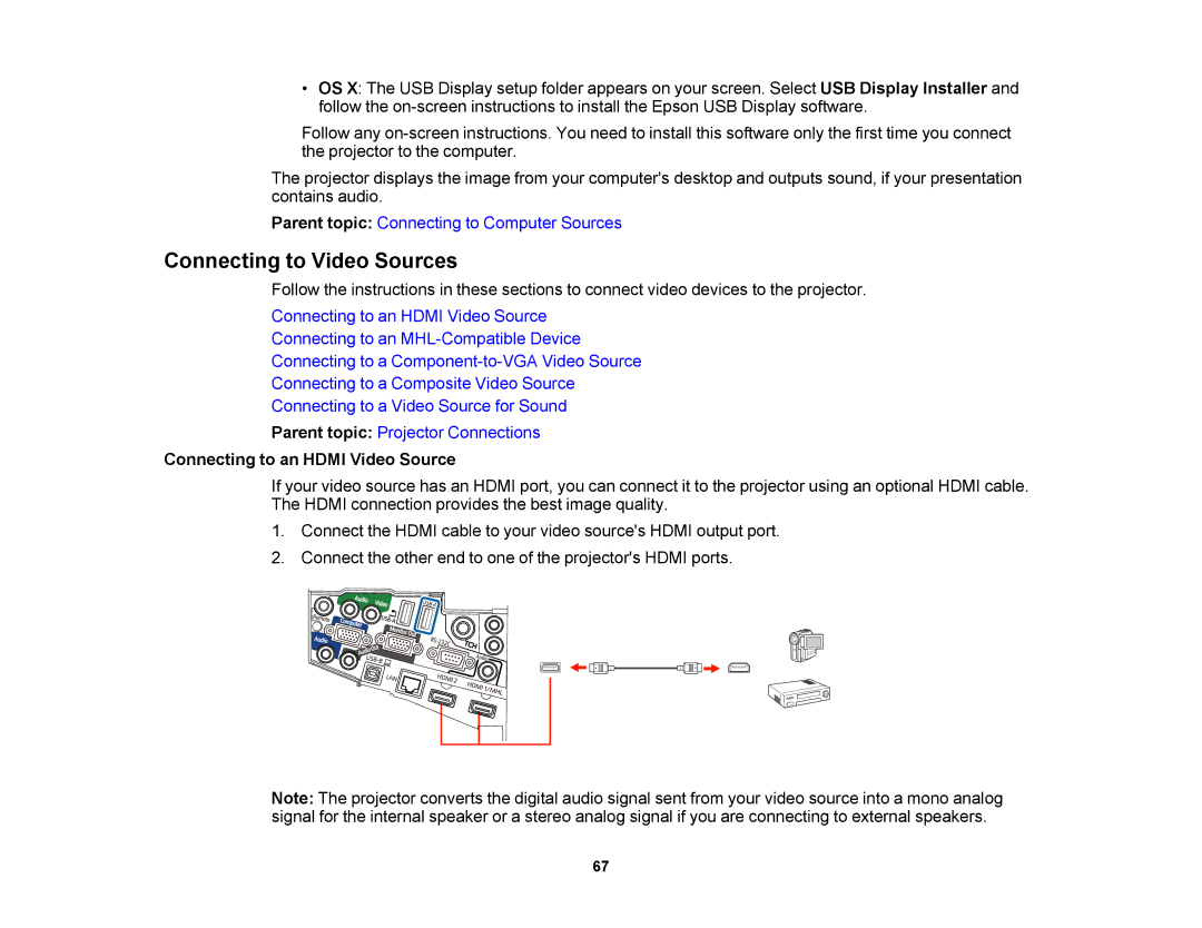 Epson 1420Wi, 1430Wi manual Connecting to Video Sources, Connecting to an Hdmi Video Source 