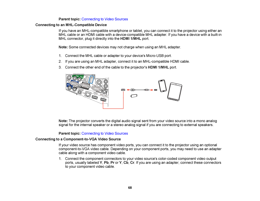 Epson 1430Wi, 1420Wi manual Connecting to an MHL-Compatible Device, Connecting to a Component-to-VGA Video Source 