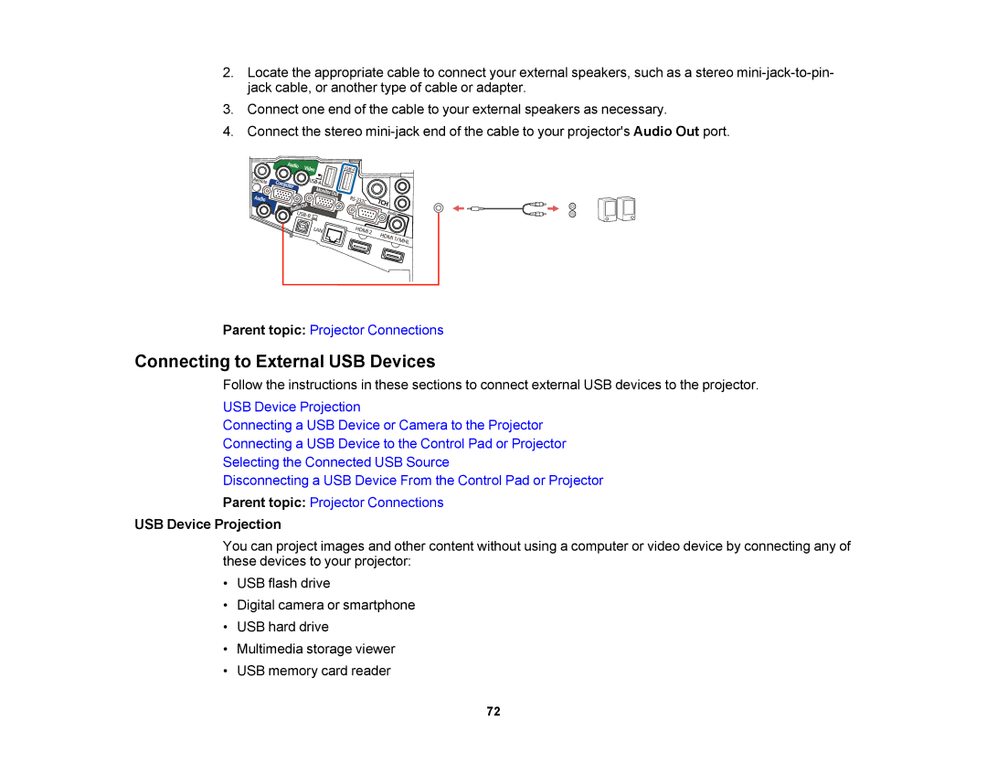 Epson 1430Wi, 1420Wi manual Connecting to External USB Devices, USB Device Projection 