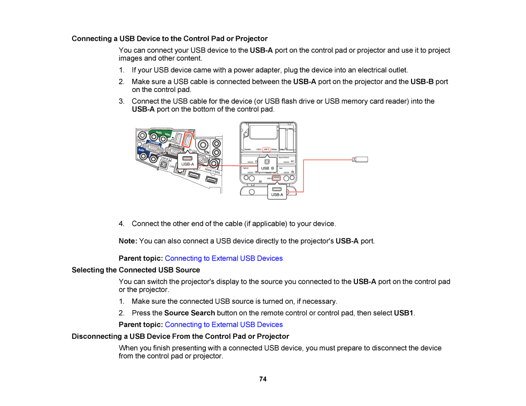 Epson 1430Wi, 1420Wi manual Connecting a USB Device to the Control Pad or Projector, Selecting the Connected USB Source 