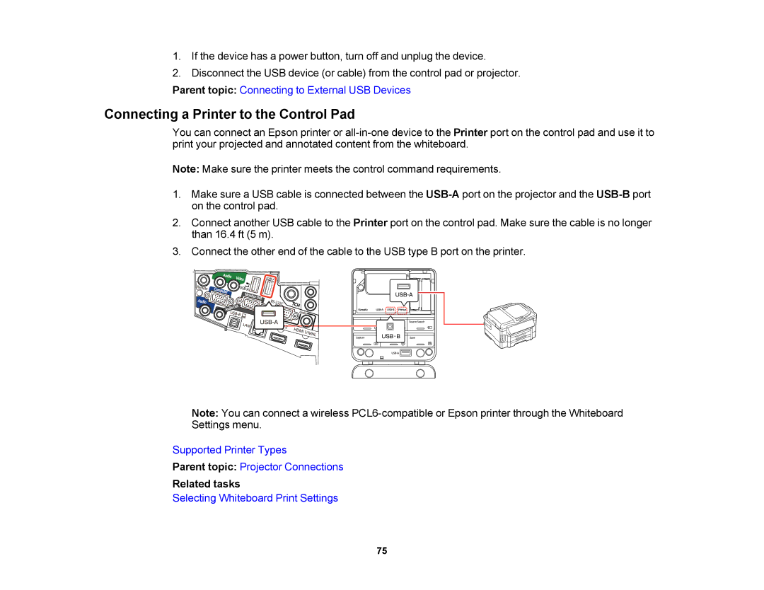 Epson 1420Wi, 1430Wi manual Connecting a Printer to the Control Pad, Related tasks 