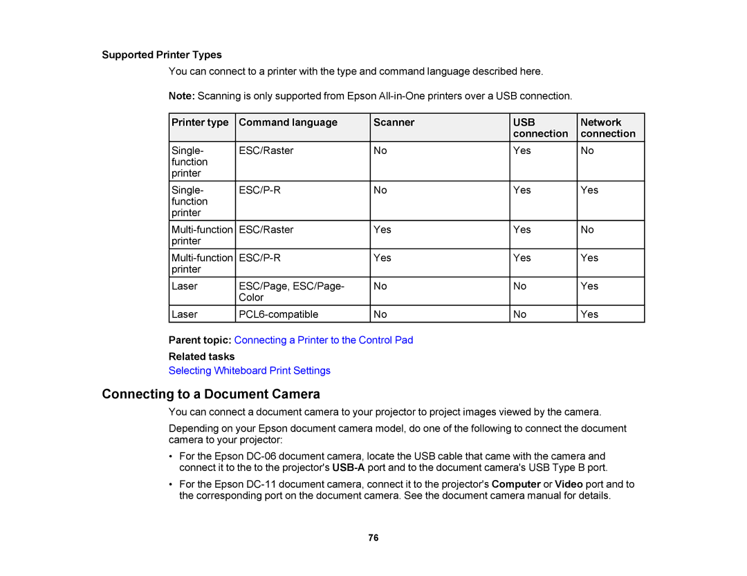 Epson 1430Wi Connecting to a Document Camera, Supported Printer Types, Printer type Command language Scanner, Network 