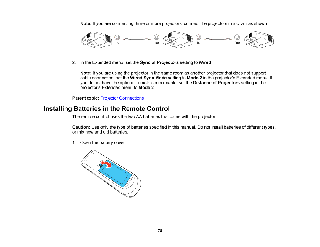 Epson 1430Wi, 1420Wi manual Installing Batteries in the Remote Control 