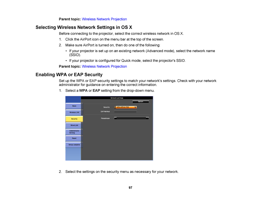 Epson 1420Wi, 1430Wi manual Selecting Wireless Network Settings in OS, Enabling WPA or EAP Security 