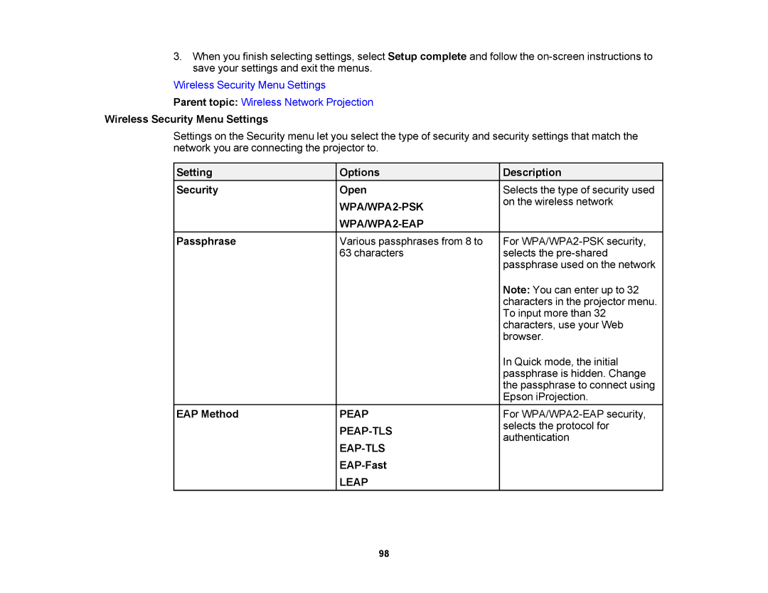 Epson 1430Wi Wireless Security Menu Settings, Setting Options Description Security Open, Passphrase, EAP Method, EAP-Fast 