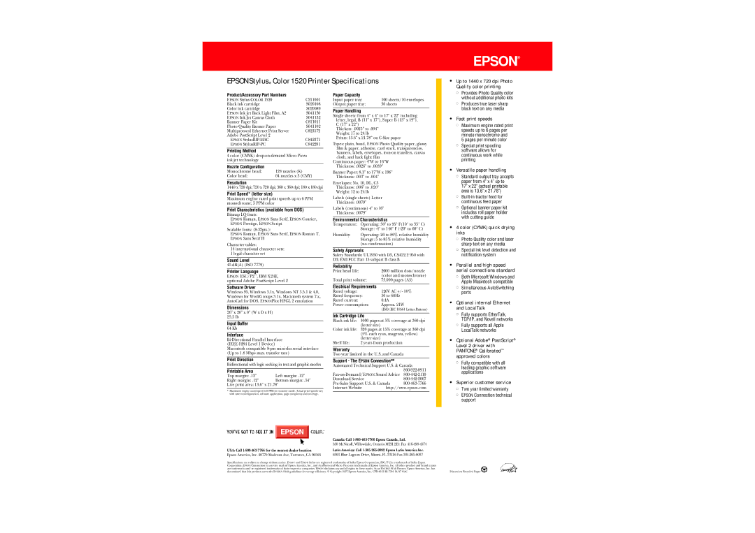 Epson 1520 Up to 1440 x 720 dpi Photo, Quality color printing, Product/Accessory Part Numbers, Printing Method, Resolution 