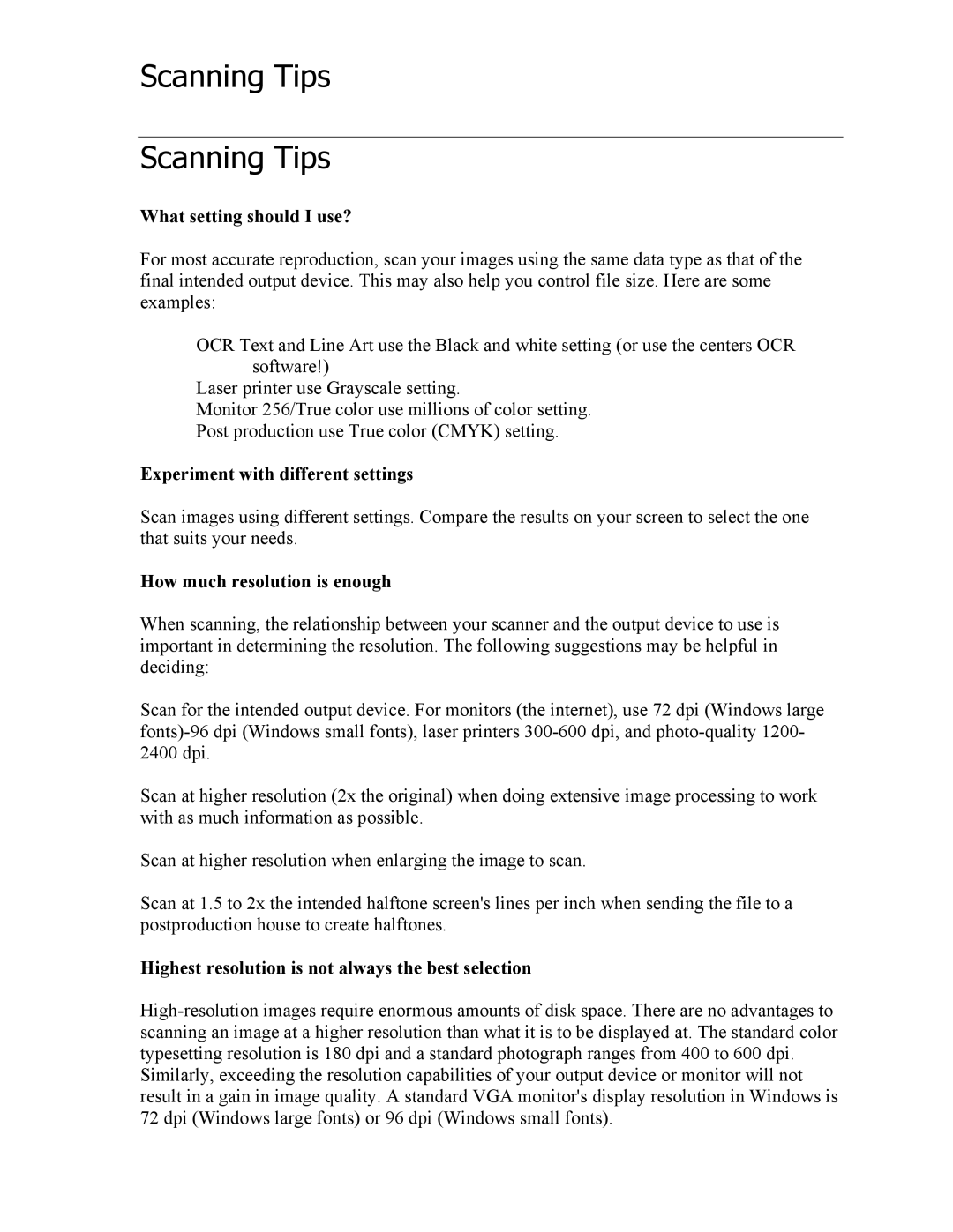 Epson 1640SU manual Scanning Tips, What setting should I use? 