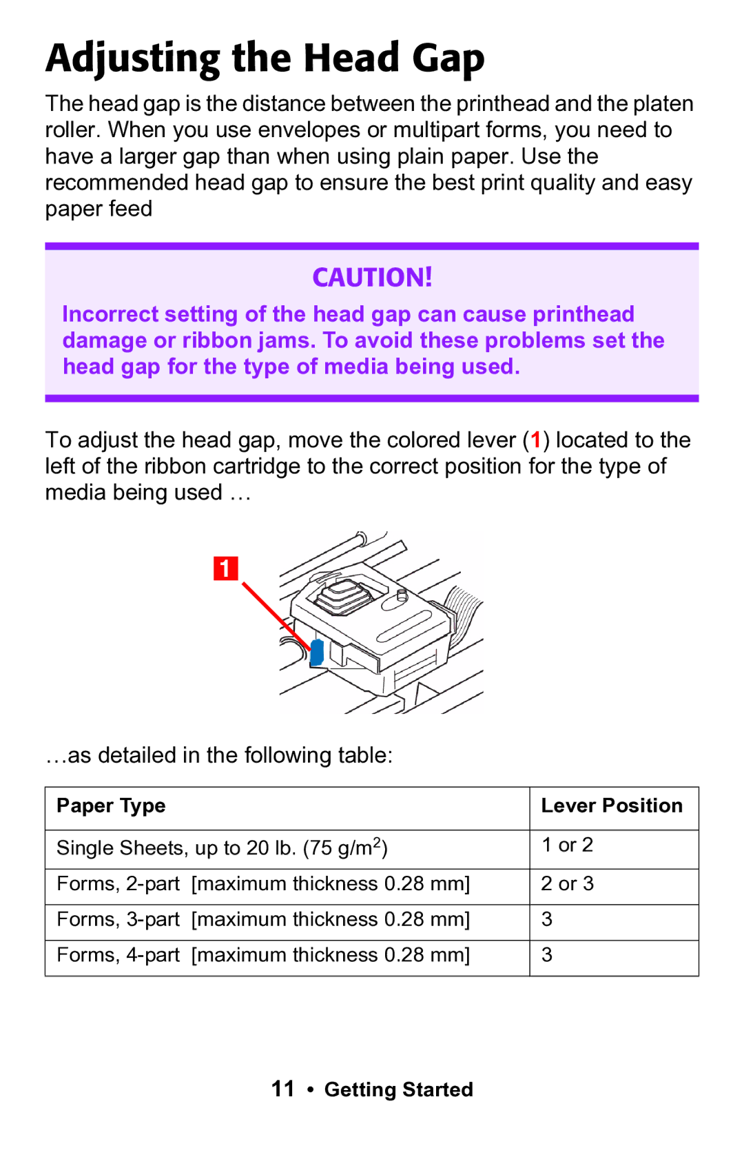 Epson 188 manual Adjusting the Head Gap, Paper Type Lever Position 