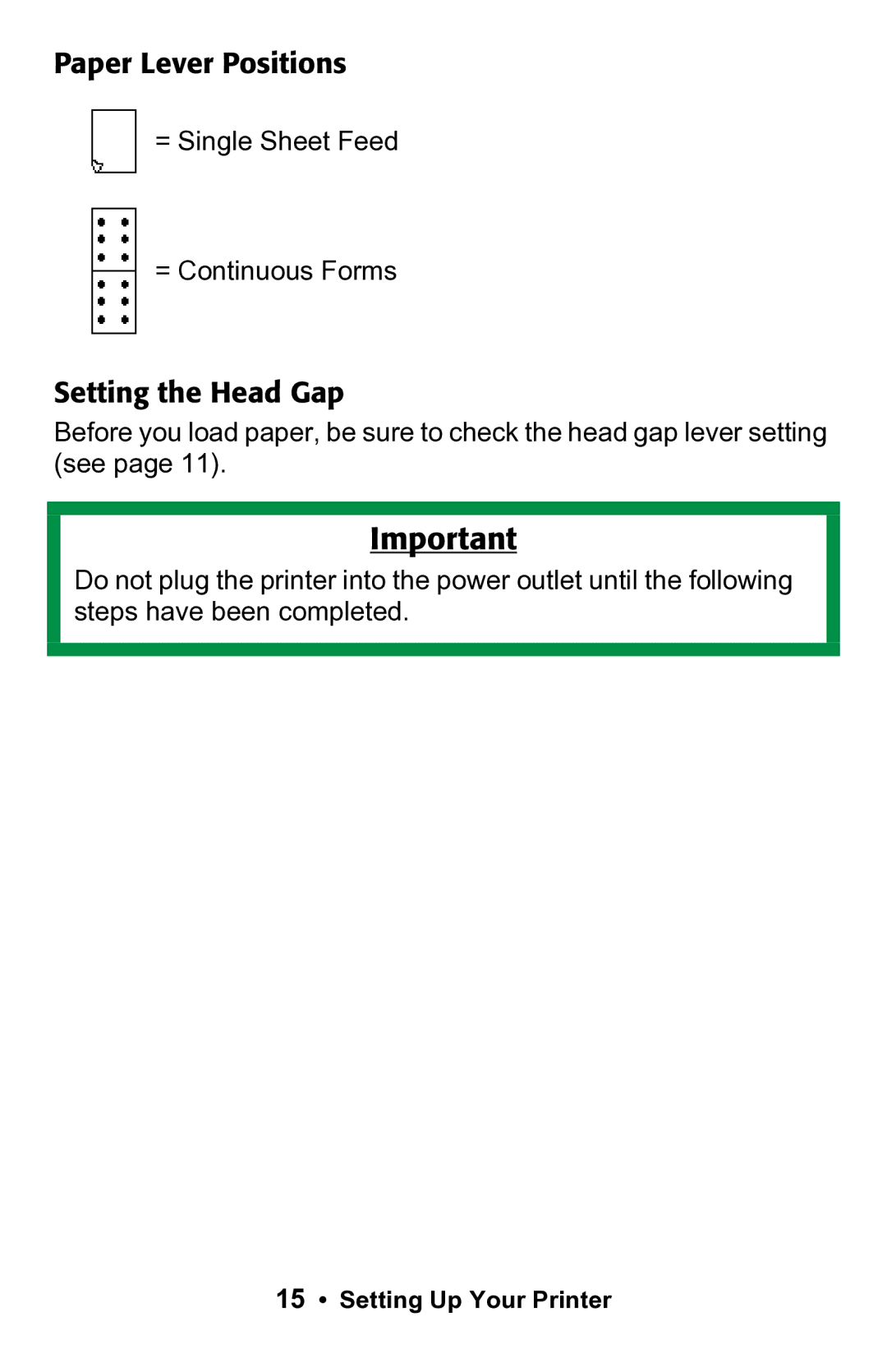 Epson 188 manual Paper Lever Positions, Setting the Head Gap 