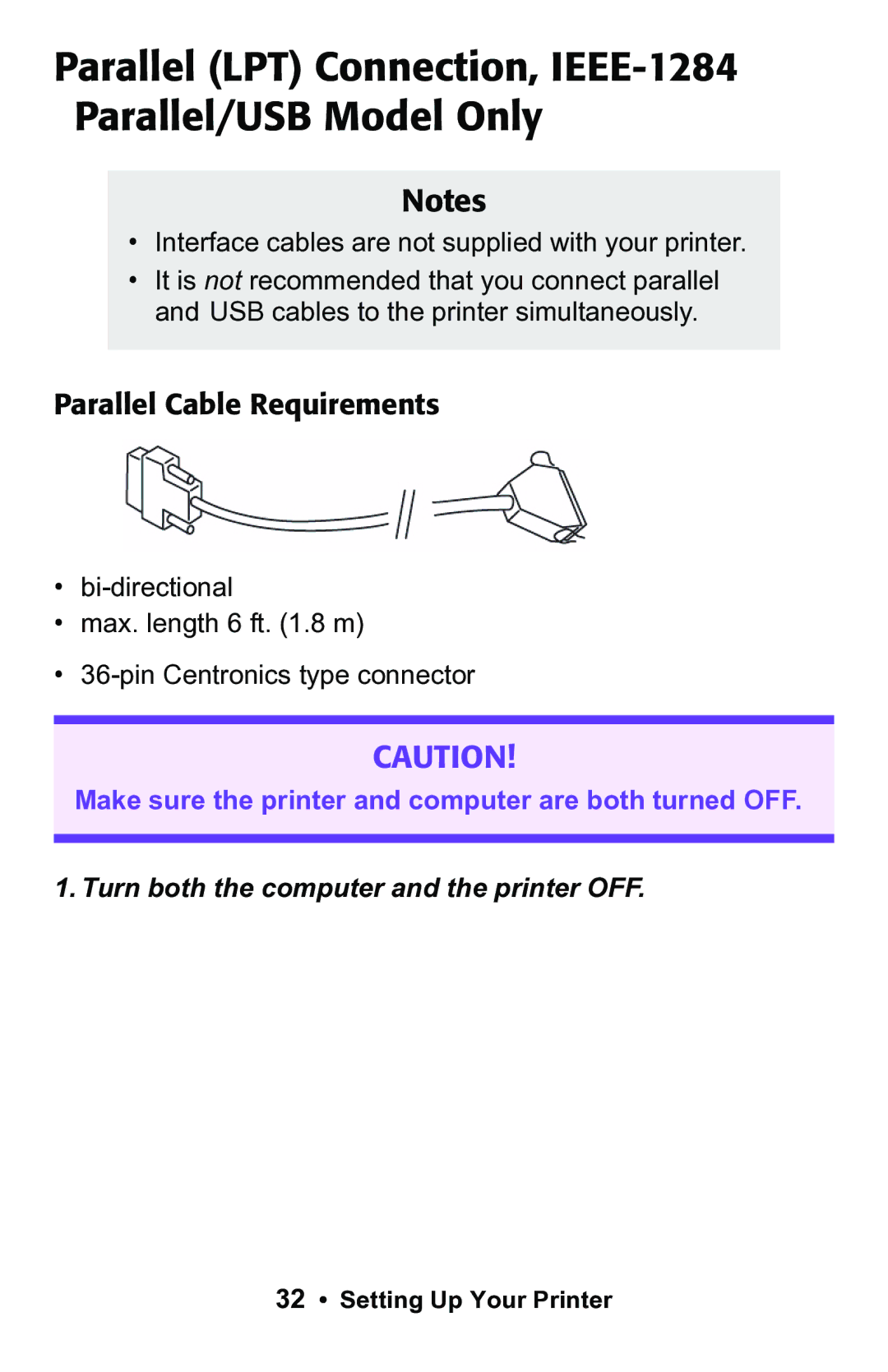 Epson 188 manual Parallel LPT Connection, IEEE-1284 Parallel/USB Model Only, Parallel Cable Requirements 