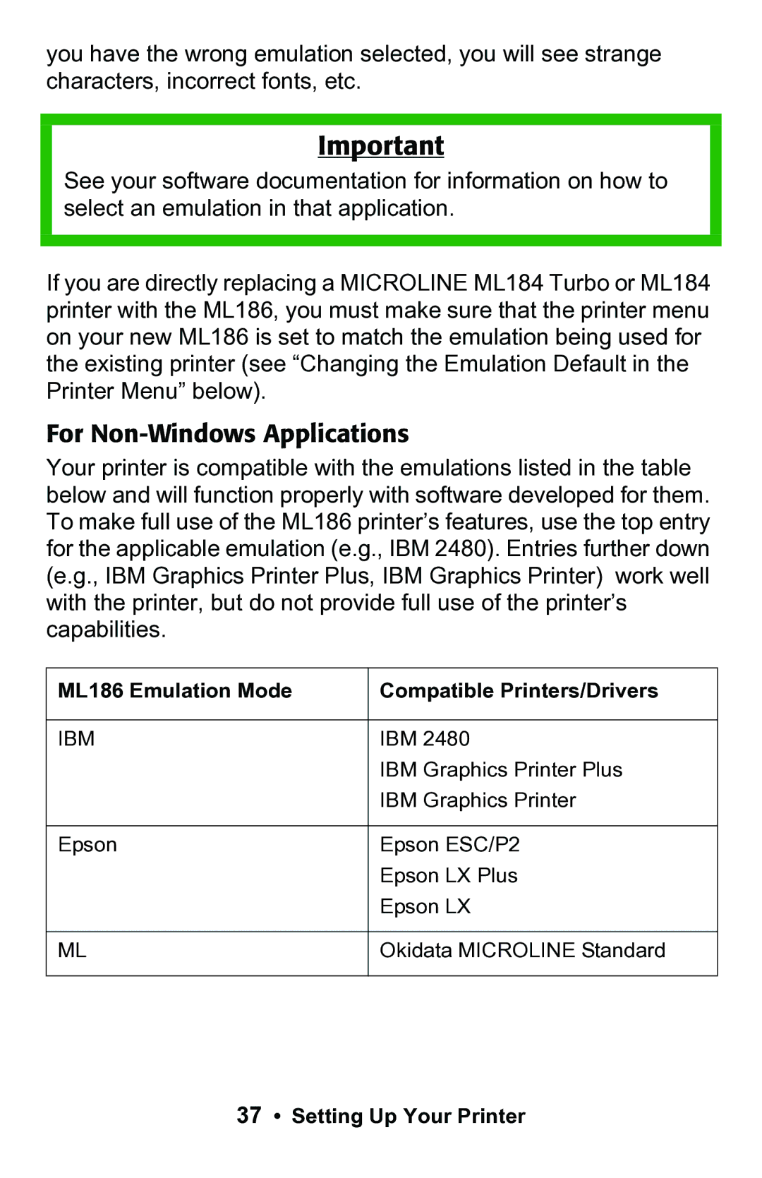 Epson 188 manual For Non-Windows Applications, ML186 Emulation Mode Compatible Printers/Drivers 