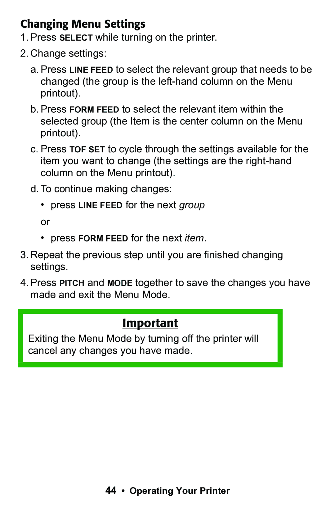 Epson 188 manual Changing Menu Settings 