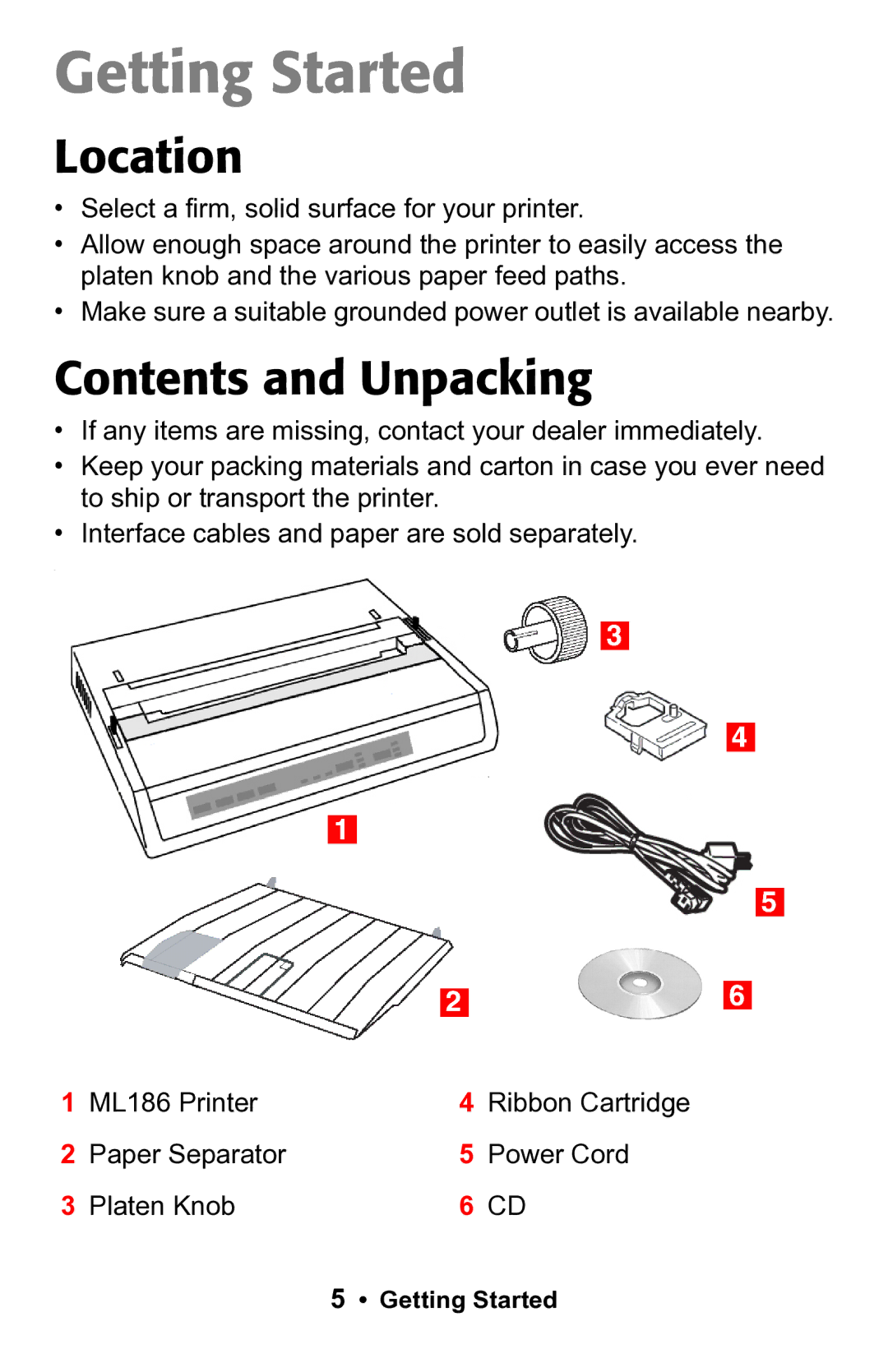 Epson 188 manual Getting Started, Location, Contents and Unpacking 