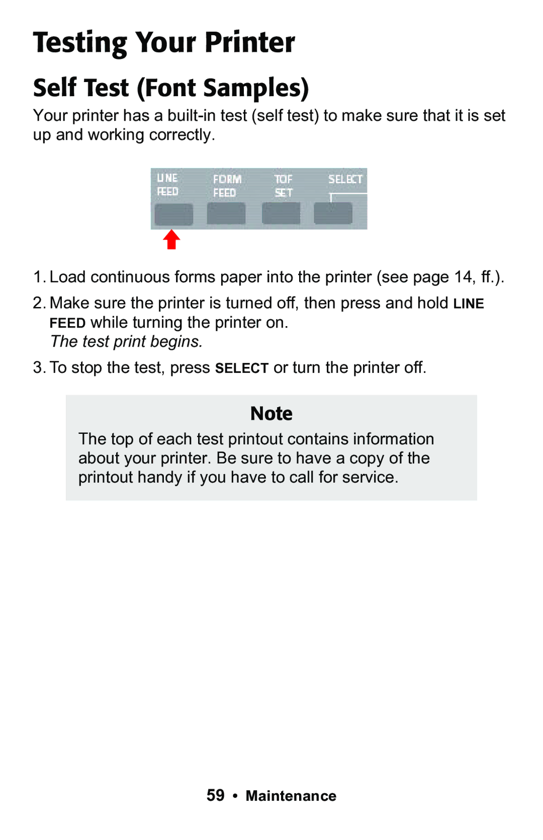 Epson 188 manual Testing Your Printer, Self Test Font Samples 