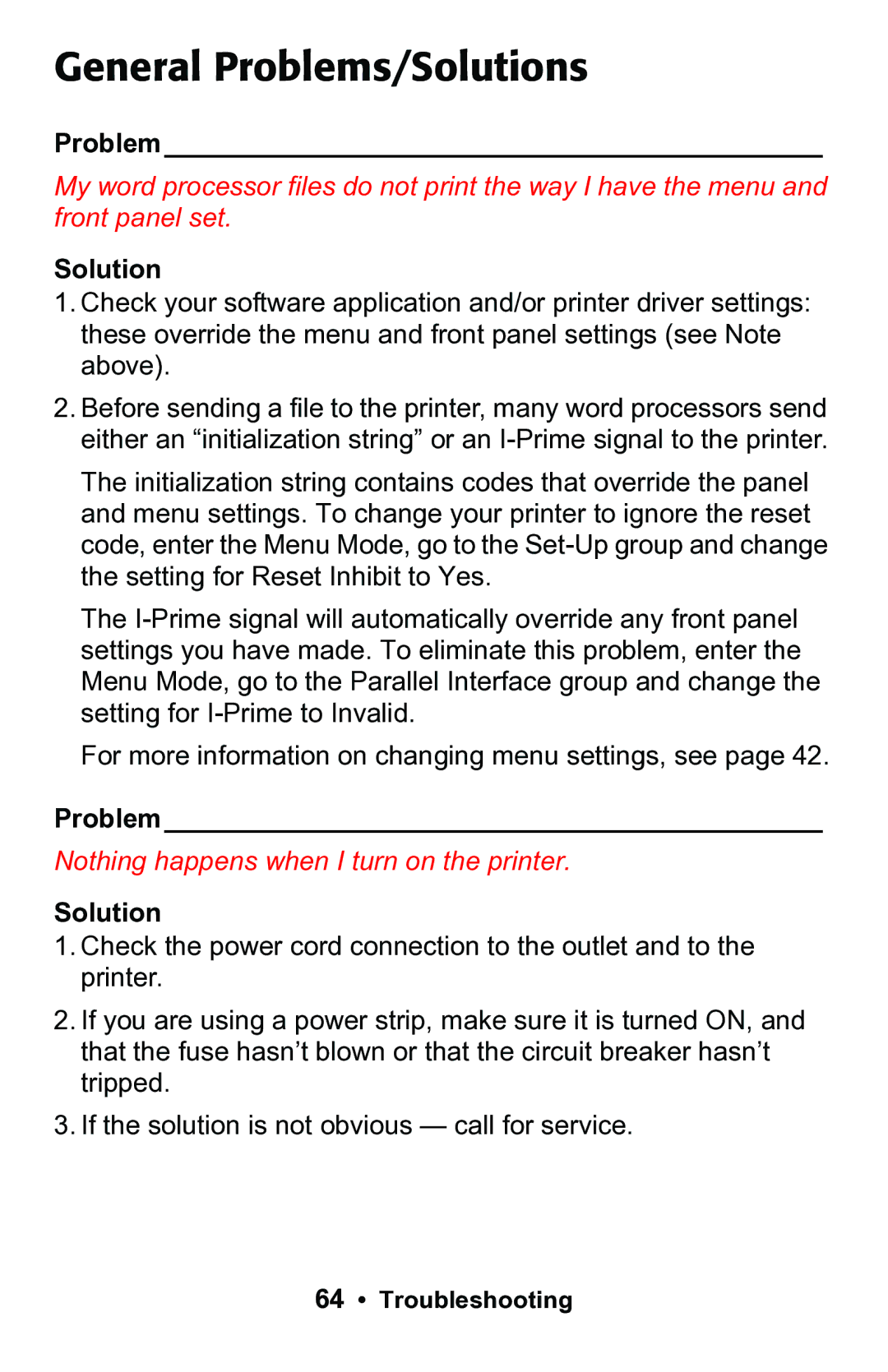 Epson 188 manual General Problems/Solutions 