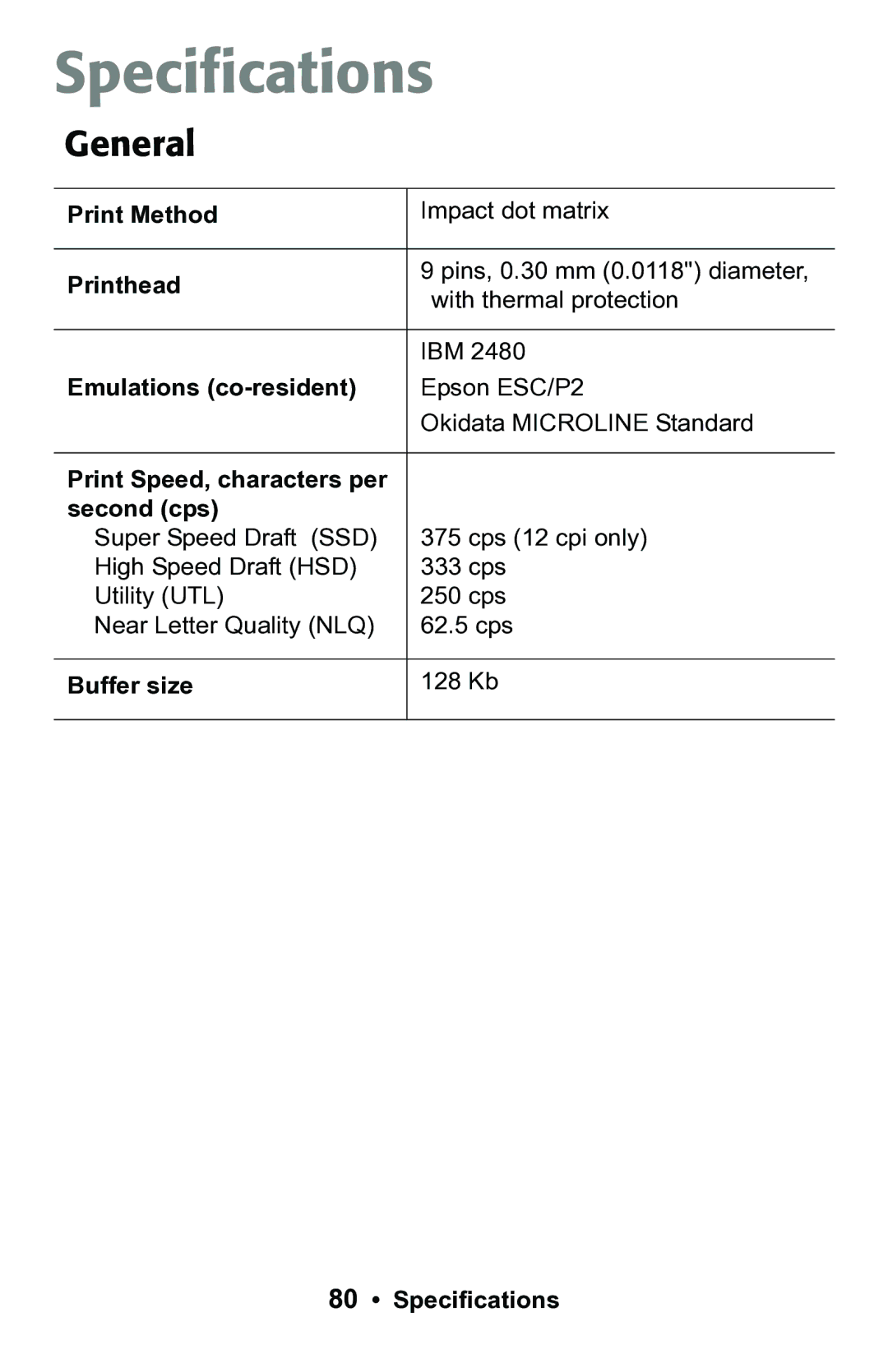 Epson 188 manual Specifications, General 