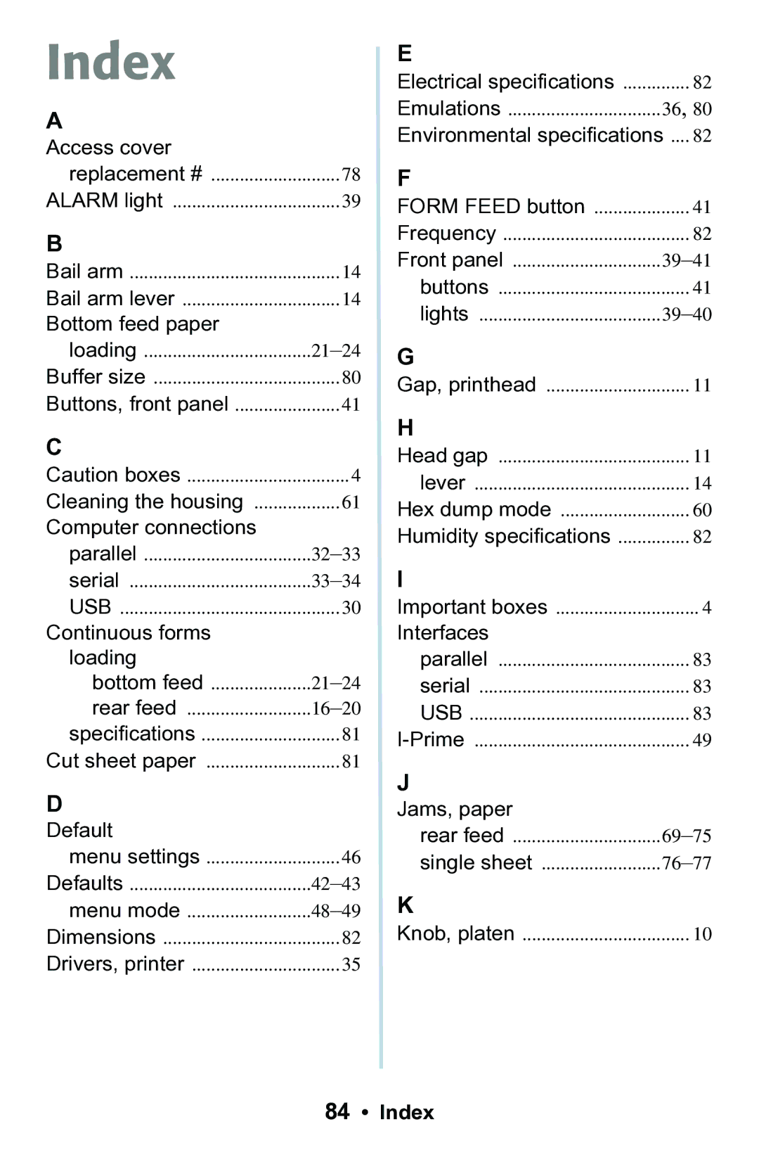 Epson 188 manual Index, Environmental specifications 